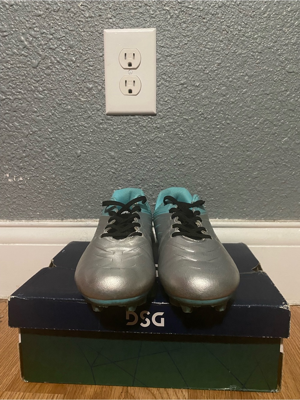 DSG Kids Silver Soccer Cleats with Teal Collar